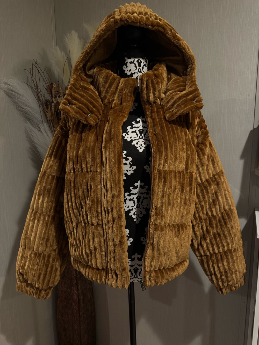 American Eagle Outfitters Plush Hooded Corduroy Jacket - Caramel